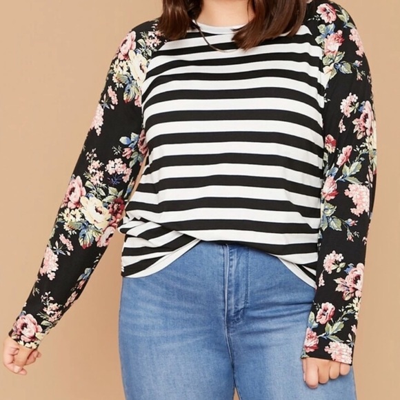 PLUS floral print raglan long sleeves striped tee - Picture 5 of 5